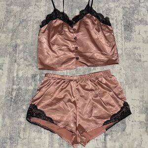 Rose Satin Cami & Short Sleep Set with Black Lace